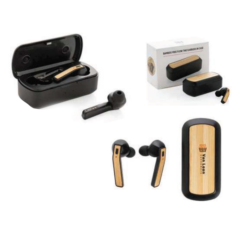 Elegant designer wireless TWS earbuds with natural bamboo finish