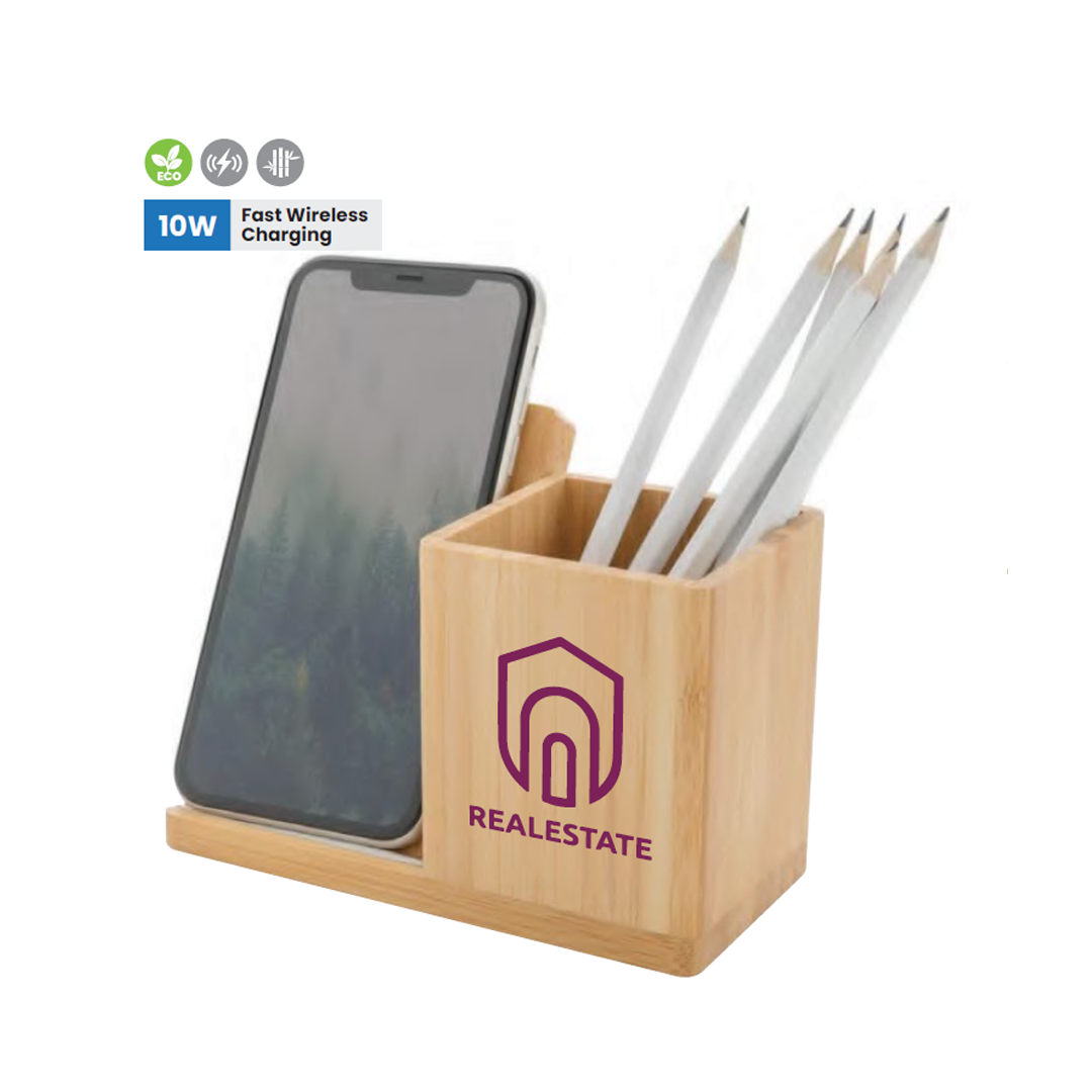 Bamboo Pen holder with Wireless Charger.